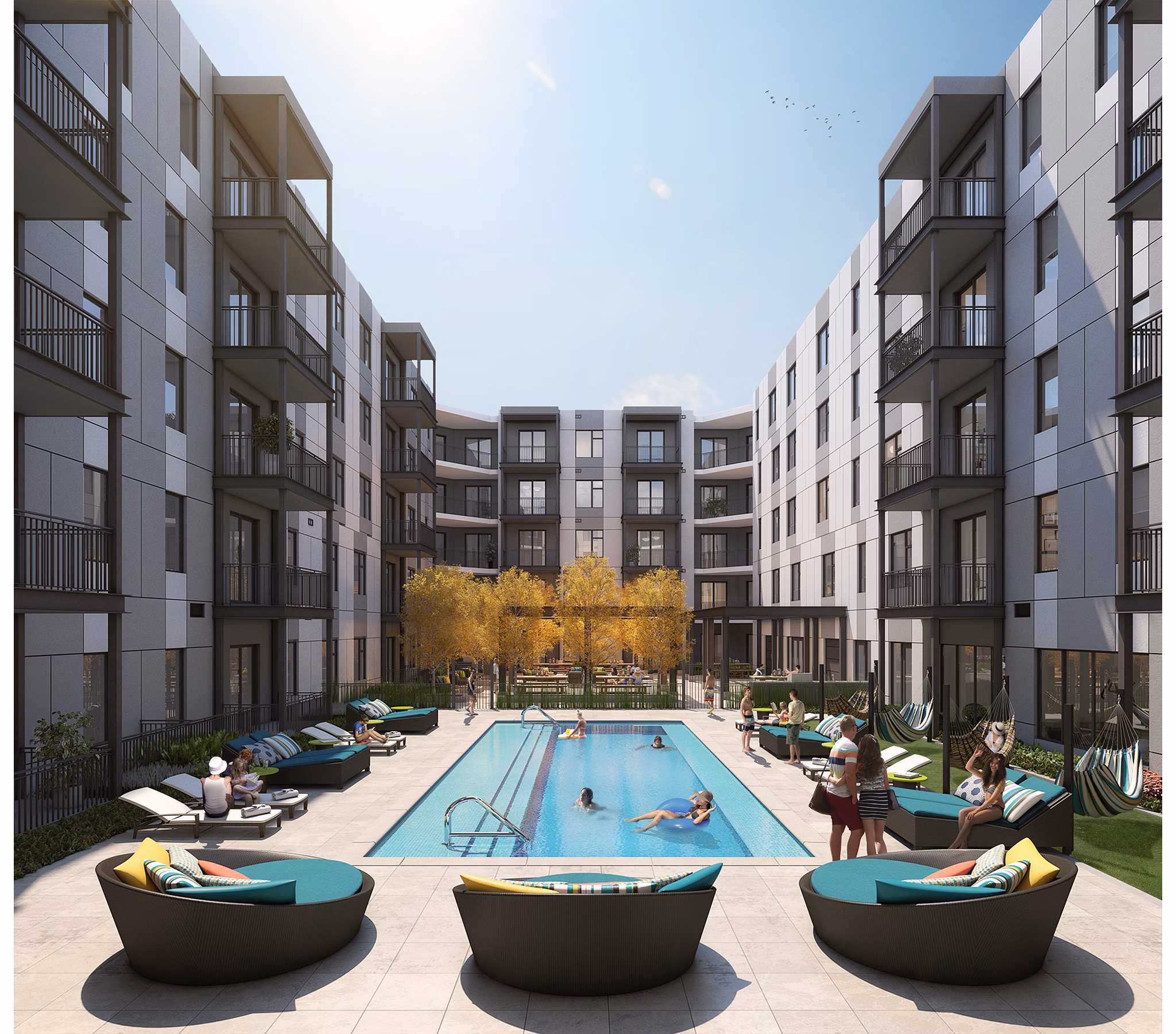 Rooftop pool with city views at Main & Clay Apartments