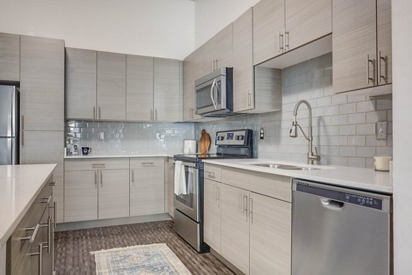 Modern kitchen with stainless steel appliances at Novi at Jordan Valley Station Apartments, luxury living near public transit