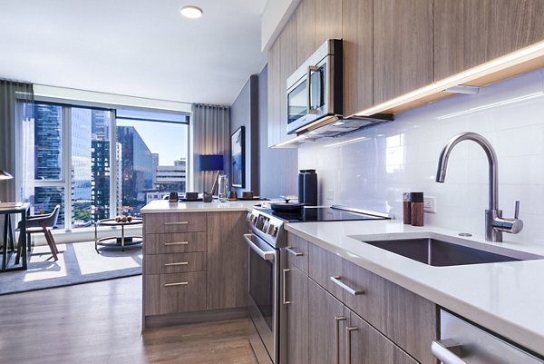 Modern kitchen with marble countertops and stainless steel appliances at McKenzie Apartments, luxury living space in downtown Seattle