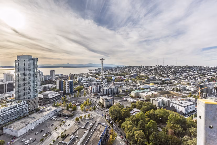 Stunning view of Seattle skyline from balcony at McKenzie Apartments, a luxury high-rise by Greystar