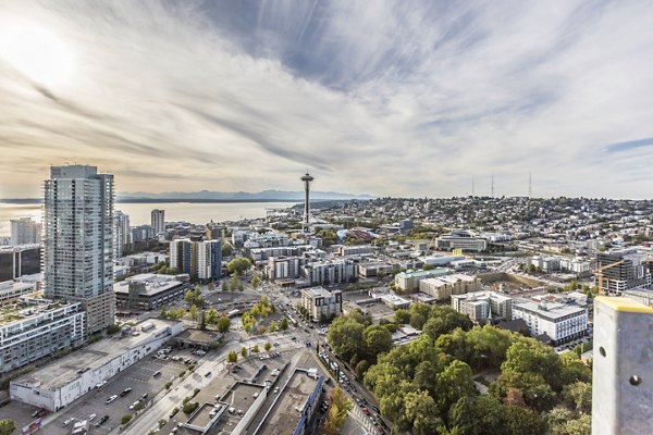Stunning view of Seattle skyline from balcony at McKenzie Apartments, a luxury high-rise by Greystar