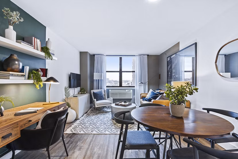 Bright living room with contemporary furnishings at Observer Park Apartments