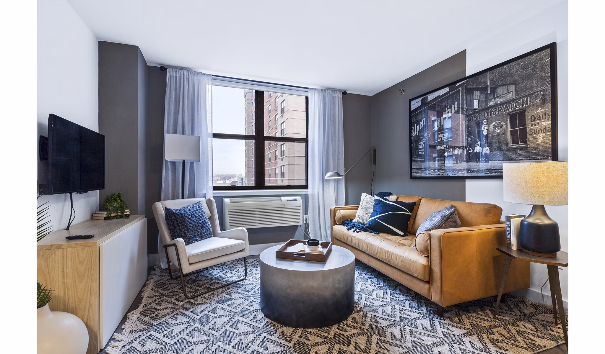 Living room with elegant furnishings at Observer Park Apartments