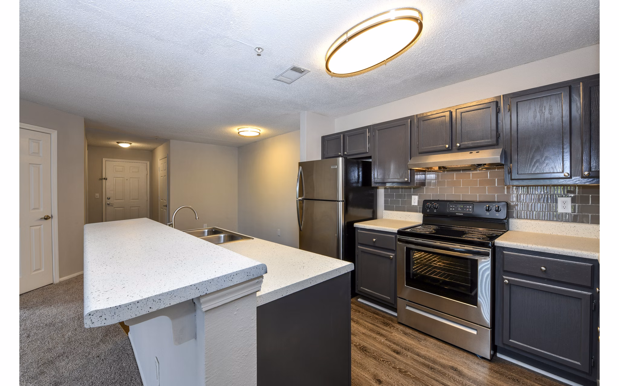 Modern kitchen with granite countertops and stainless steel appliances at The Palmer Apartments