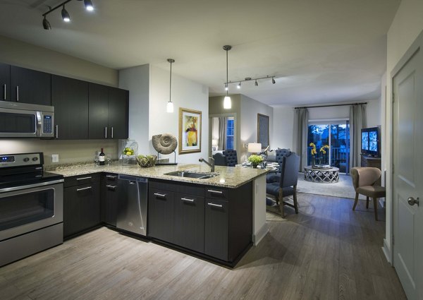 Marq at the Pinehills: Modern kitchen with stainless steel appliances and granite countertops in luxury apartments