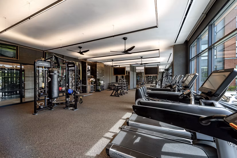 Modern fitness center in Platform Building 3, featuring state-of-the-art equipment and spaces for workouts and wellness
