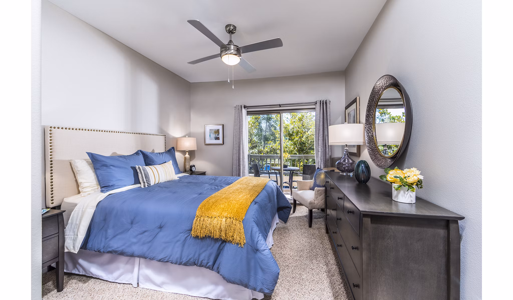 Modern bedroom with stylish decor at Overture Rancho Santa Margarita Active Adult Apartments