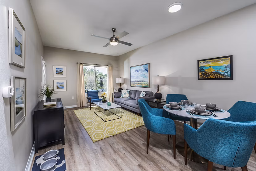 Spacious living room with elegant decor at Overture Rancho Santa Margarita Active Adult Apartments