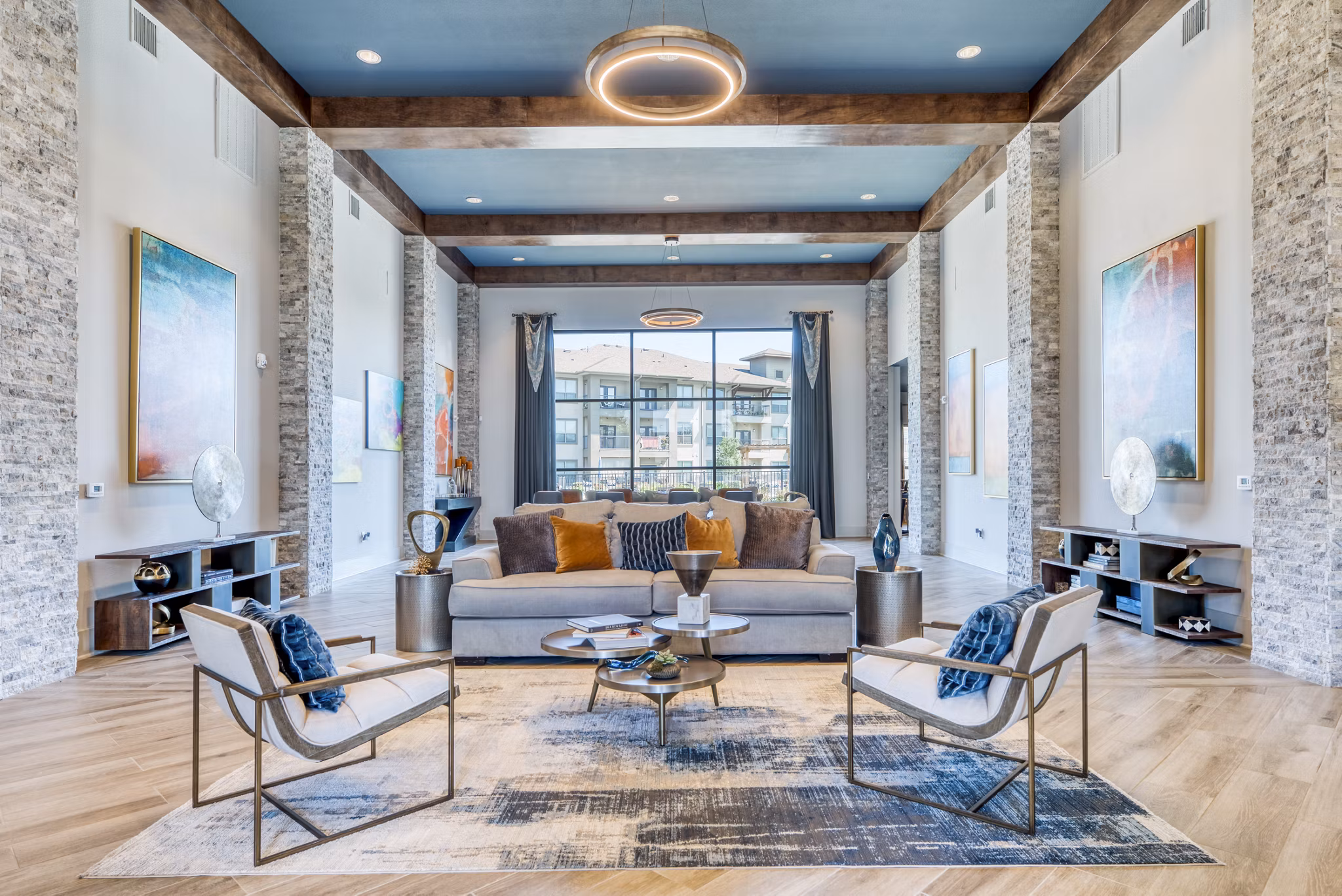 Clubhouse lobby featuring modern decor and seating at Lakeview Villas Apartments