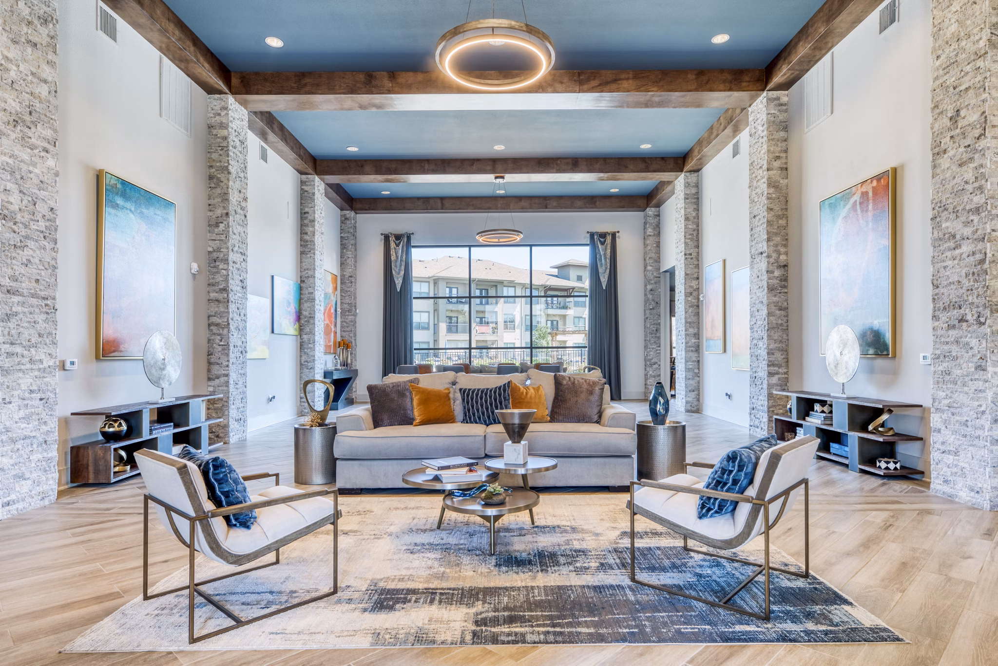 Clubhouse lobby featuring modern decor and seating at Lakeview Villas Apartments