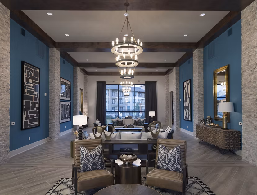 Elegant clubhouse lobby with modern decor at Lakeview Villas Apartments