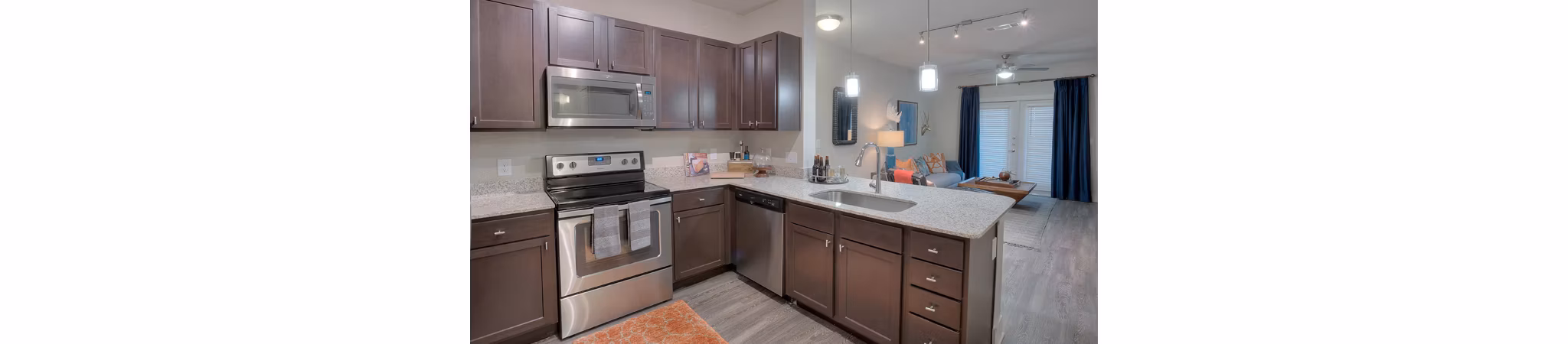 Modern kitchen with stainless steel appliances and granite countertops at Lakeview Villas Apartments