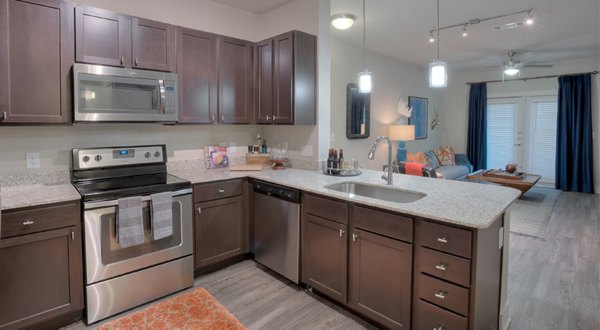 Modern kitchen with stainless steel appliances and granite countertops at Lakeview Villas Apartments