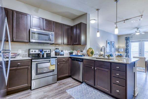 Modern kitchen featuring stainless steel appliances and granite countertops at Lakeview Villas Apartments