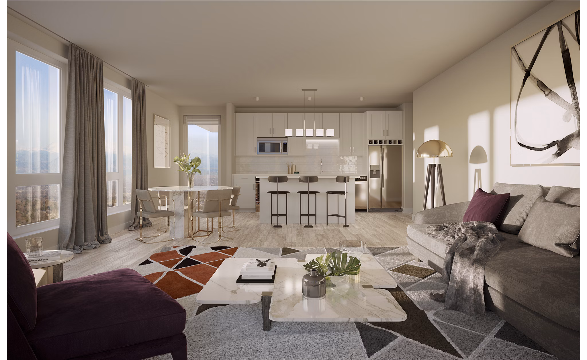Spacious living room with modern furnishings at The Glenn luxury apartments
