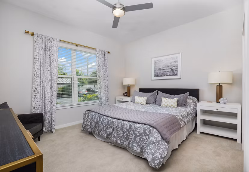 Bedroom featuring modern decor and ample natural light in Overture West Ashley Apartments, luxury apartments by Greystar