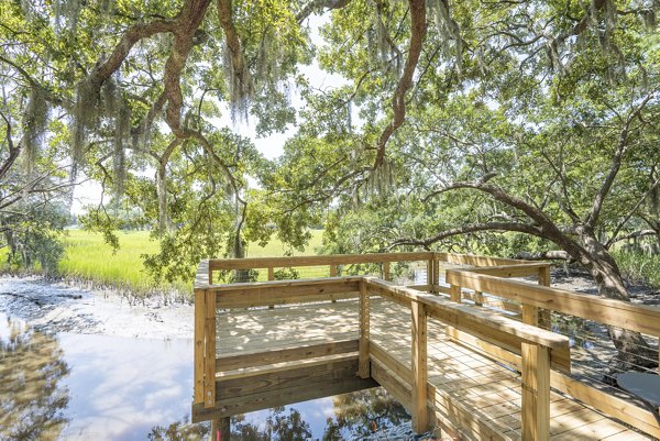 Courtyard with lush greenery at Overture West Ashley Apartments, a luxury community in Charleston, showcasing serene outdoor living spaces