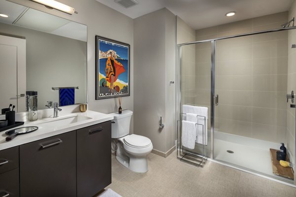 Modern bathroom with sleek fixtures and neutral tones at AV8 Apartments, a Greystar luxury property