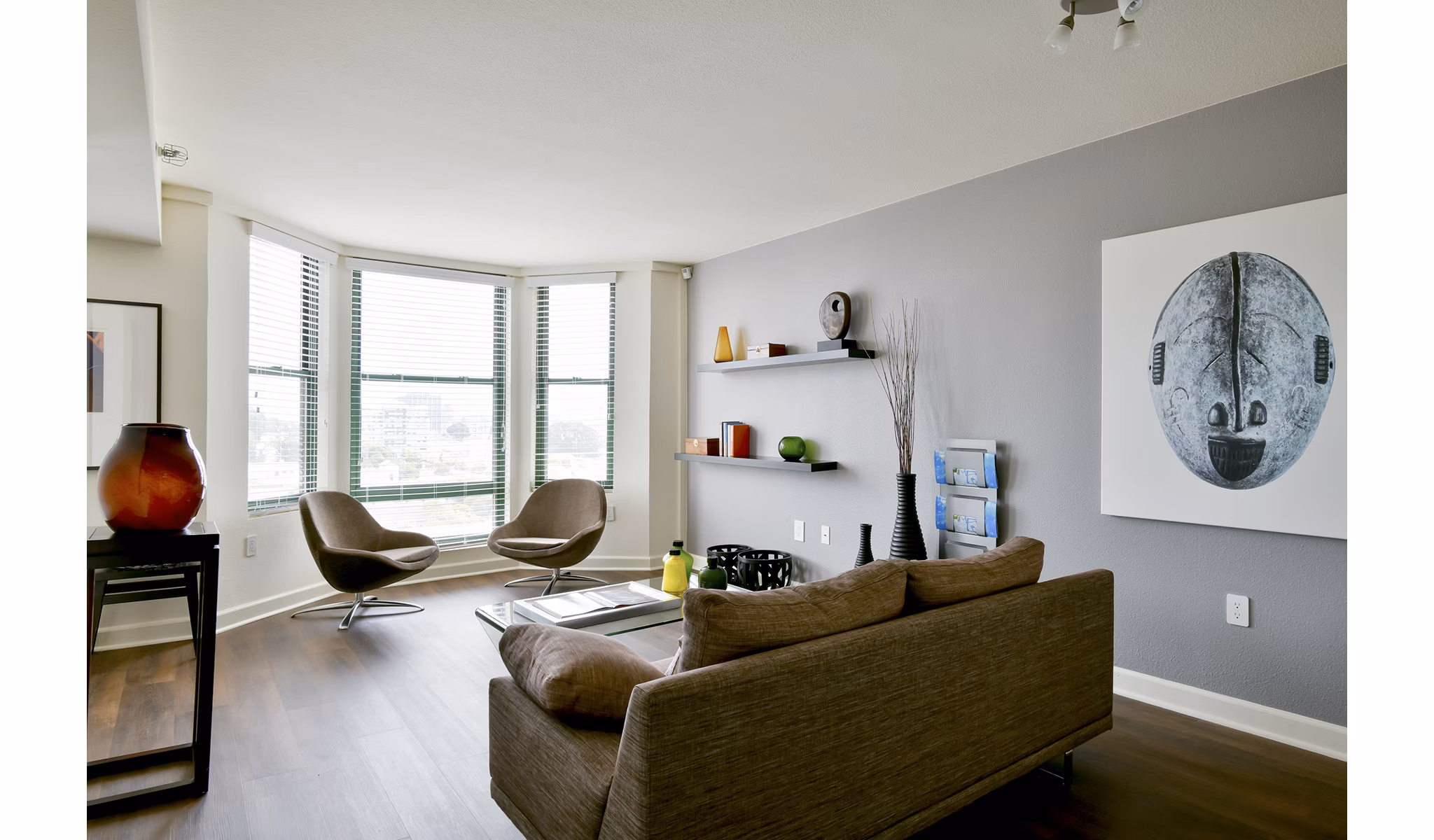 Spacious living room with modern furnishings at The Fillmore Center Apartments, featuring Greystar luxury living in vibrant San Francisco, CA