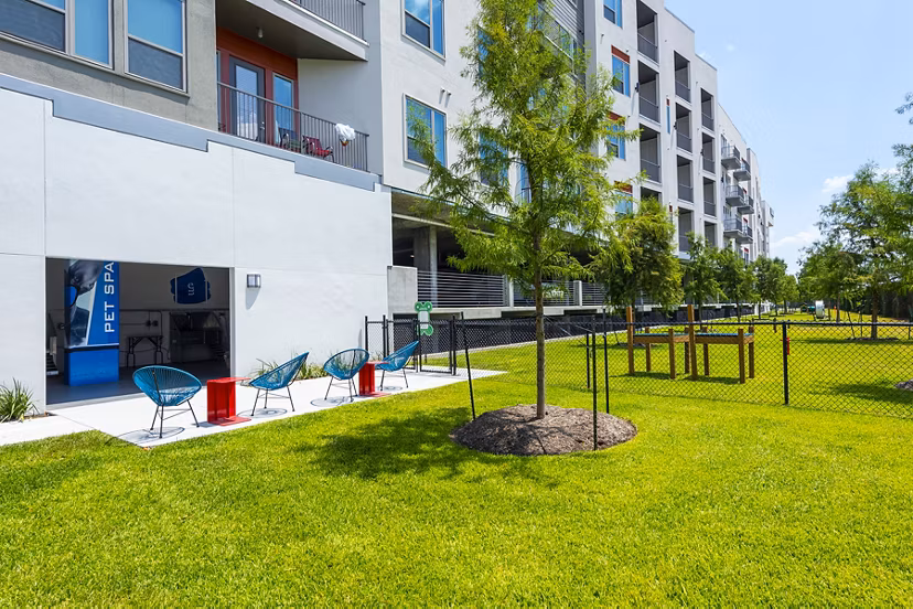 Dog-friendly park with agility equipment at Encore Montrose Apartments