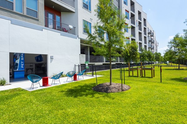 Dog-friendly park with agility equipment at Encore Montrose Apartments