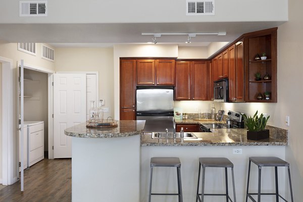 Modern kitchen with stainless steel appliances and granite countertops at Aventino Apartments