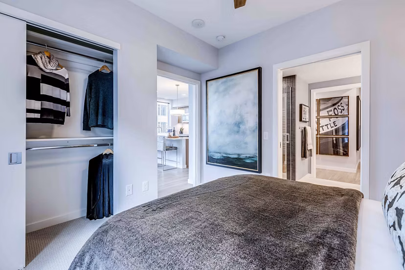 Spacious bedroom with modern decor at Marlowe Apartments luxury living by Greystar