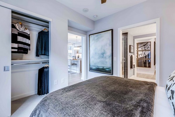 Spacious bedroom with modern decor at Marlowe Apartments luxury living by Greystar