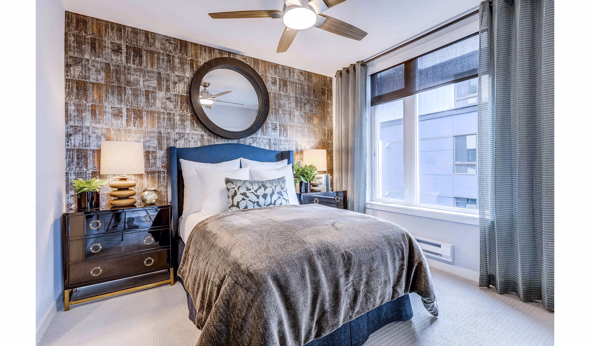 Modern bedroom with sleek design features at Marlowe Apartments