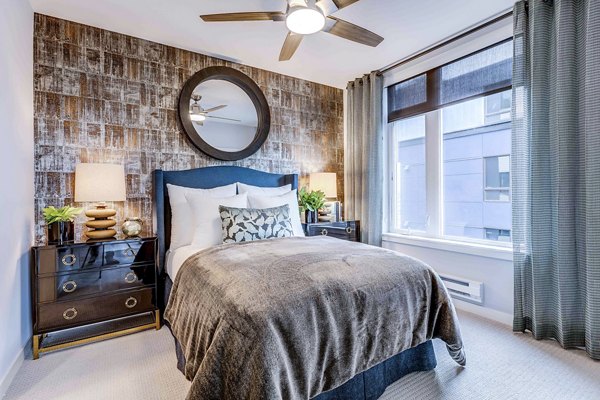 Modern bedroom with sleek design features at Marlowe Apartments