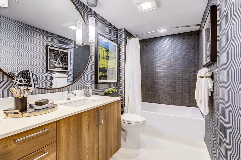 Modern bathroom with sleek fixtures at Marlowe Apartments, a luxury Greystar community
