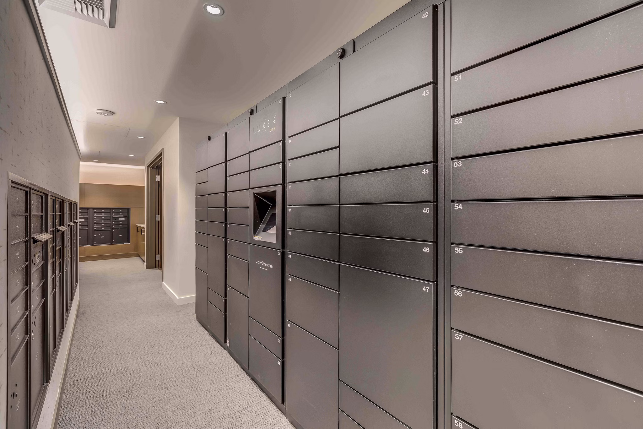 Mailroom with secure lockers in Marlowe Apartments