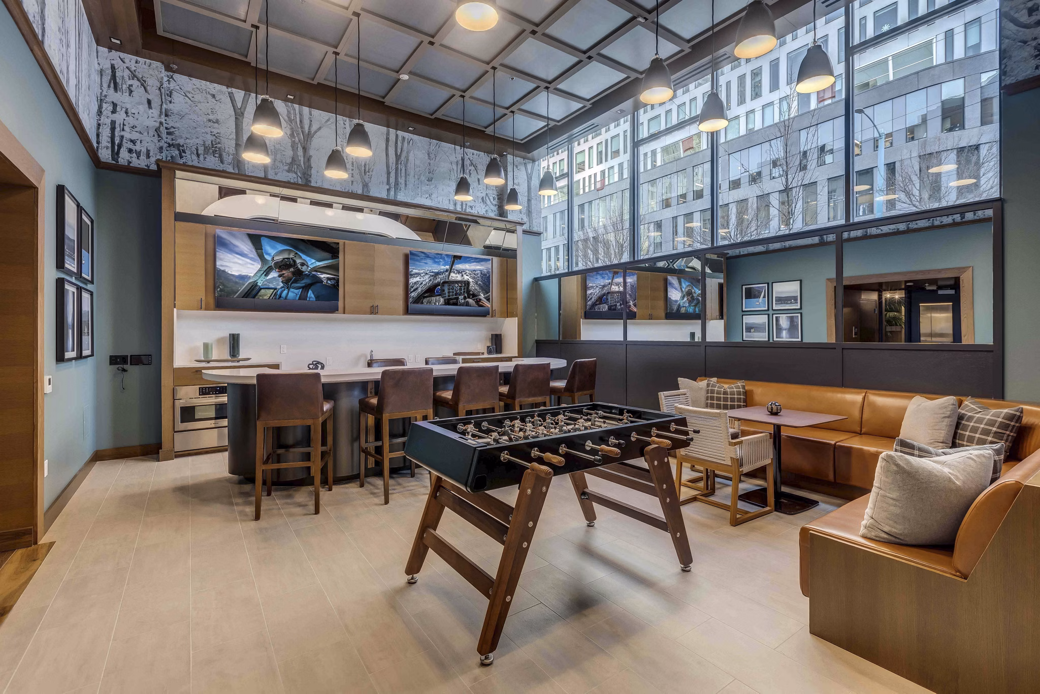 Clubhouse with modern design and seating at Marlowe Apartments, offering luxury living experiences