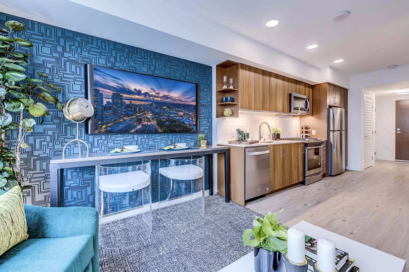 Modern kitchen with stainless steel appliances at Marlowe Apartments luxury units in vibrant urban setting