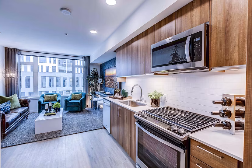 Modern kitchen with stainless steel appliances at Marlowe Apartments