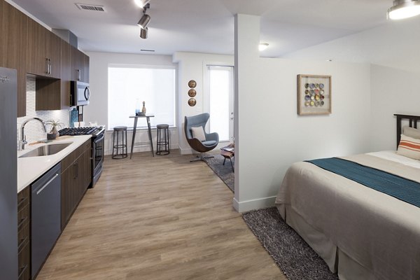 Modern kitchen with stainless steel appliances in Alexan LoHi Apartments