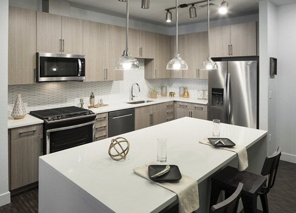 Modern kitchen with stainless steel appliances and granite countertops at Alexan LoHi Apartments in Denver