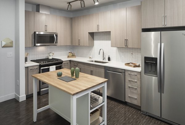 Modern kitchen featuring stainless steel appliances at Alexan LoHi Apartments