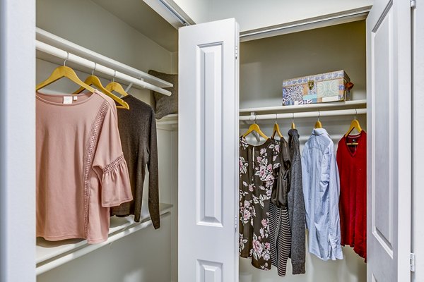 Walk-in closet with ample storage space in the Callen Apartments bedroom
