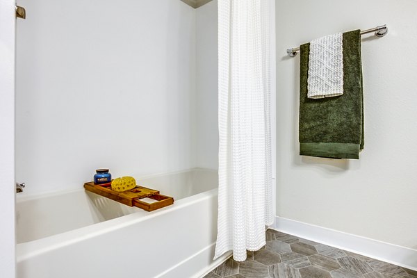 Luxurious bathroom with marble countertops and modern fixtures in Callen Apartments