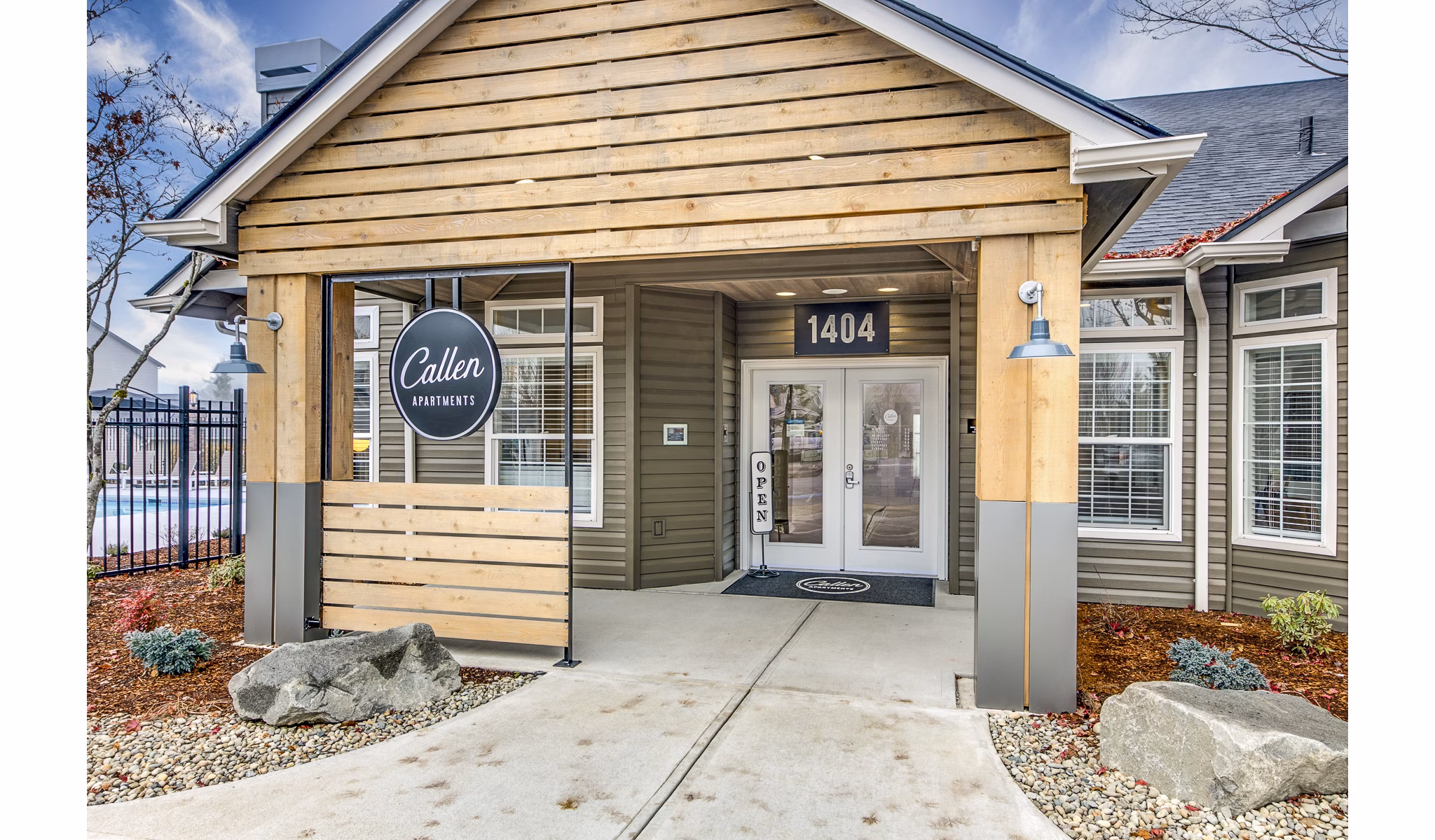 Elegant clubhouse and leasing office at Callen Apartments featuring modern design and comfortable seating