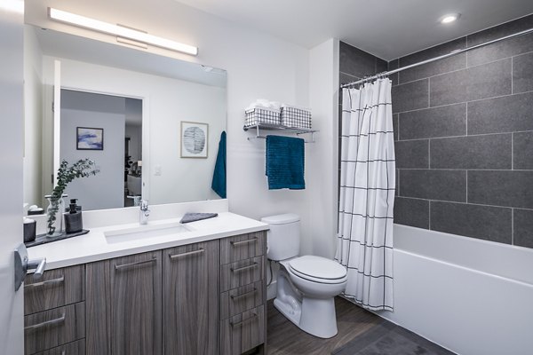 Luxurious bathroom featuring elegant fixtures at Hyde Square Apartments