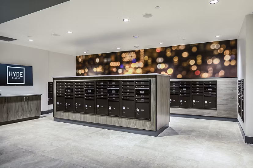 Mail room with modern design at Hyde Square Apartments