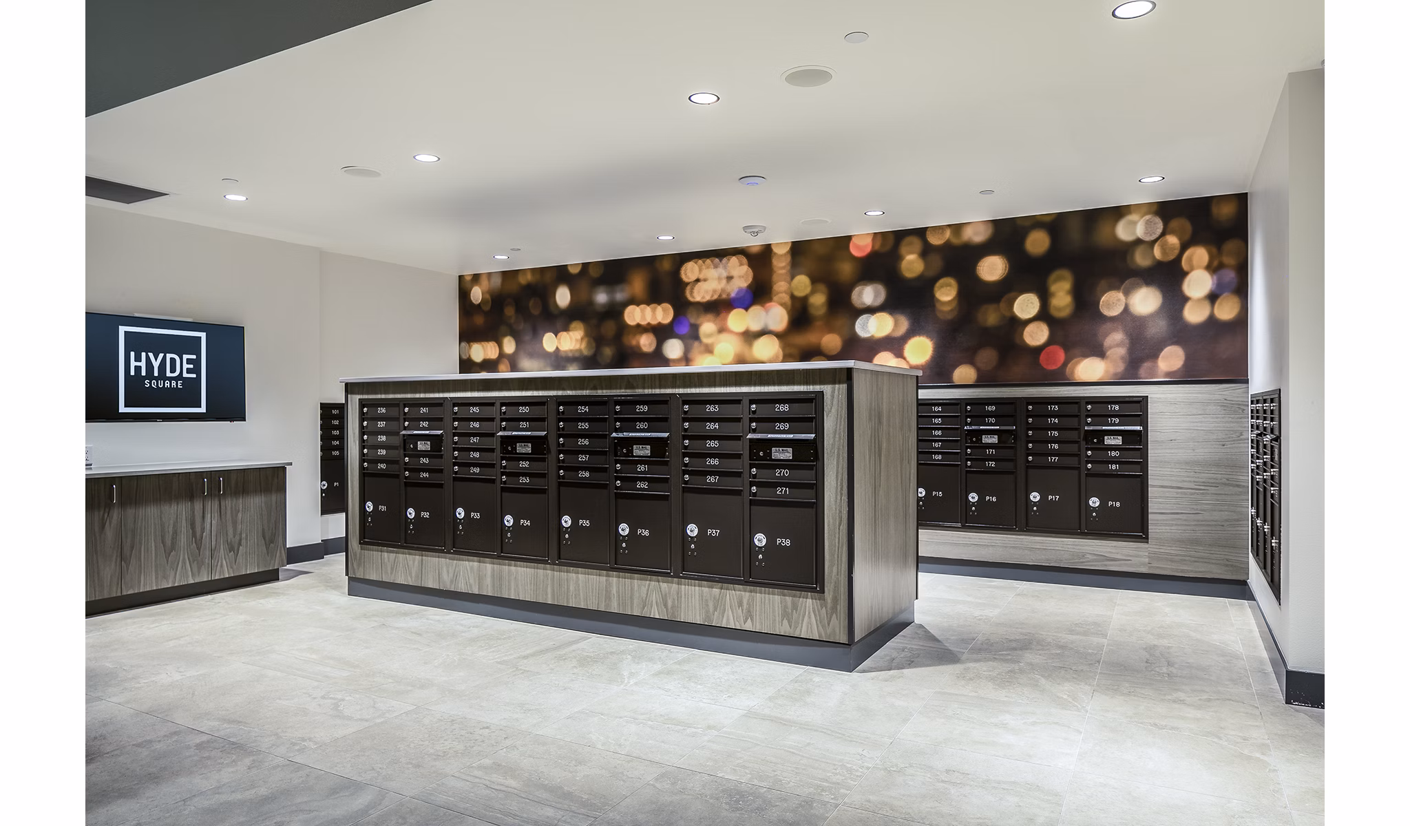 Mail room with modern design at Hyde Square Apartments