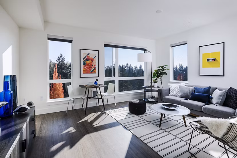 Modern living room with chic furnishings at Hyde Square Apartments, Raleigh