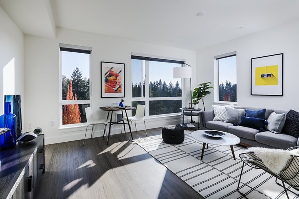 Modern living room with chic furnishings at Hyde Square Apartments, Raleigh