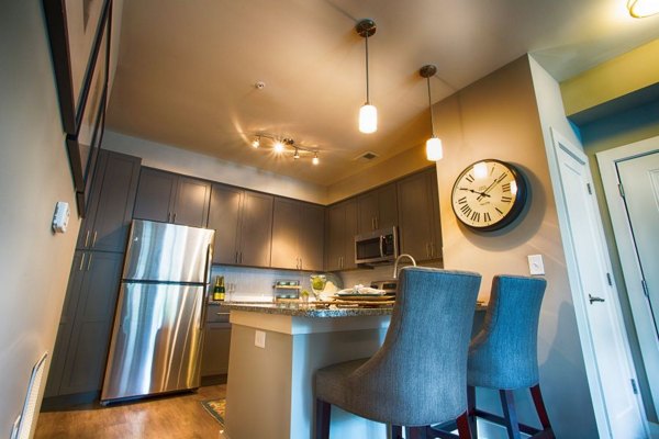 Modern kitchen with stainless steel appliances in Marlowe Lake Boone Apartments