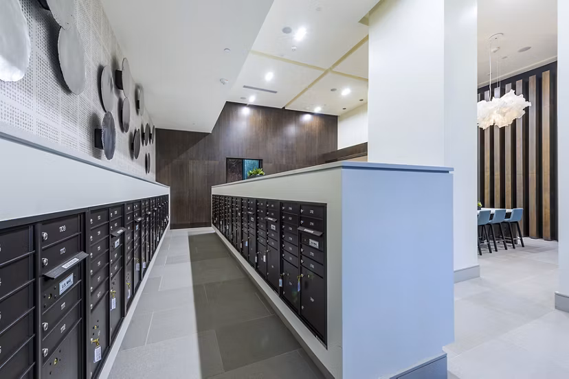 Mailroom with spacious clubhouse at Latitude Med Center Apartments offering modern luxury living in Houston