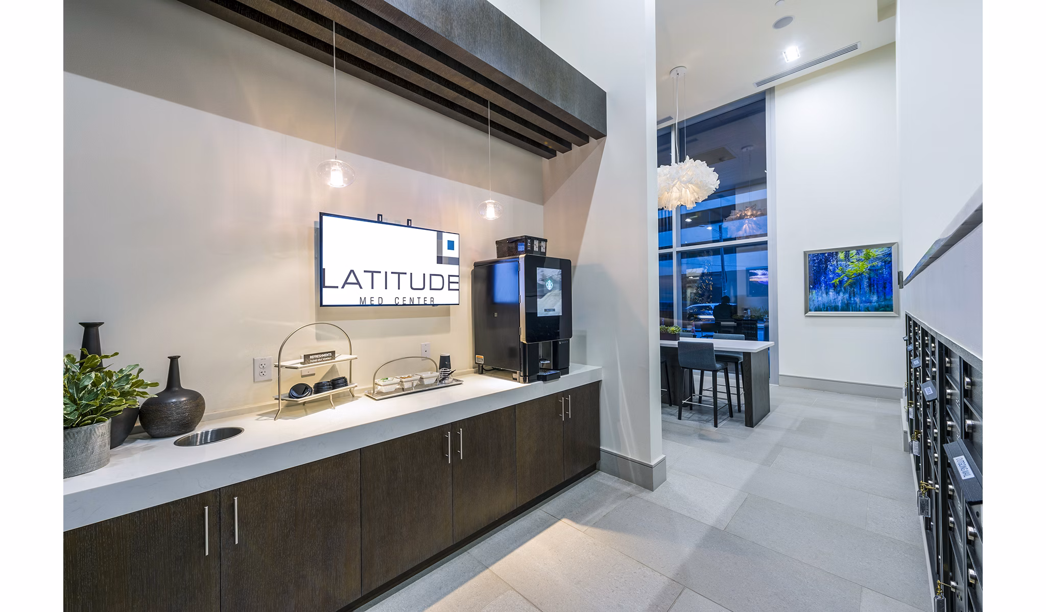 Clubhouse lobby with modern seating and elegant decor at Latitude Med Center Apartments