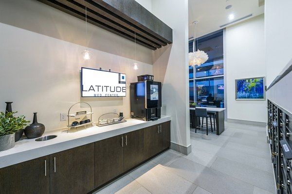 Clubhouse lobby with modern seating and elegant decor at Latitude Med Center Apartments